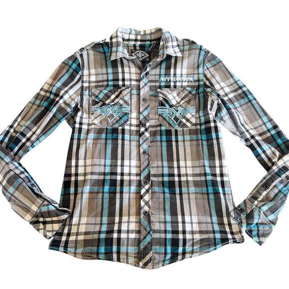 AFFLICTION VTG Y2K Mens Blue Plaid Embroidered Long Sleeve Slim Fit Shirt Size M - Picture 7 of 13